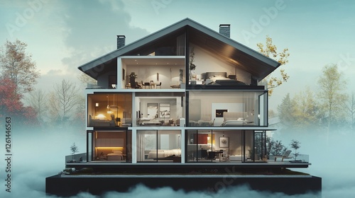 Luxury house cross-section with detailed interiors and misty landscape views