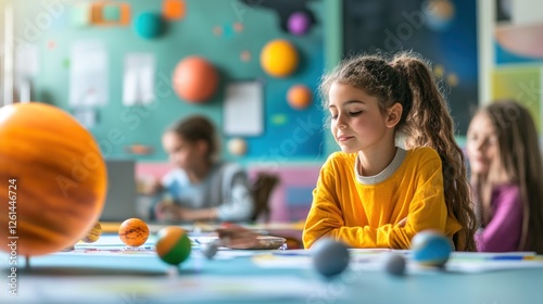 Engrossed students exploring universe with planets models in classroom