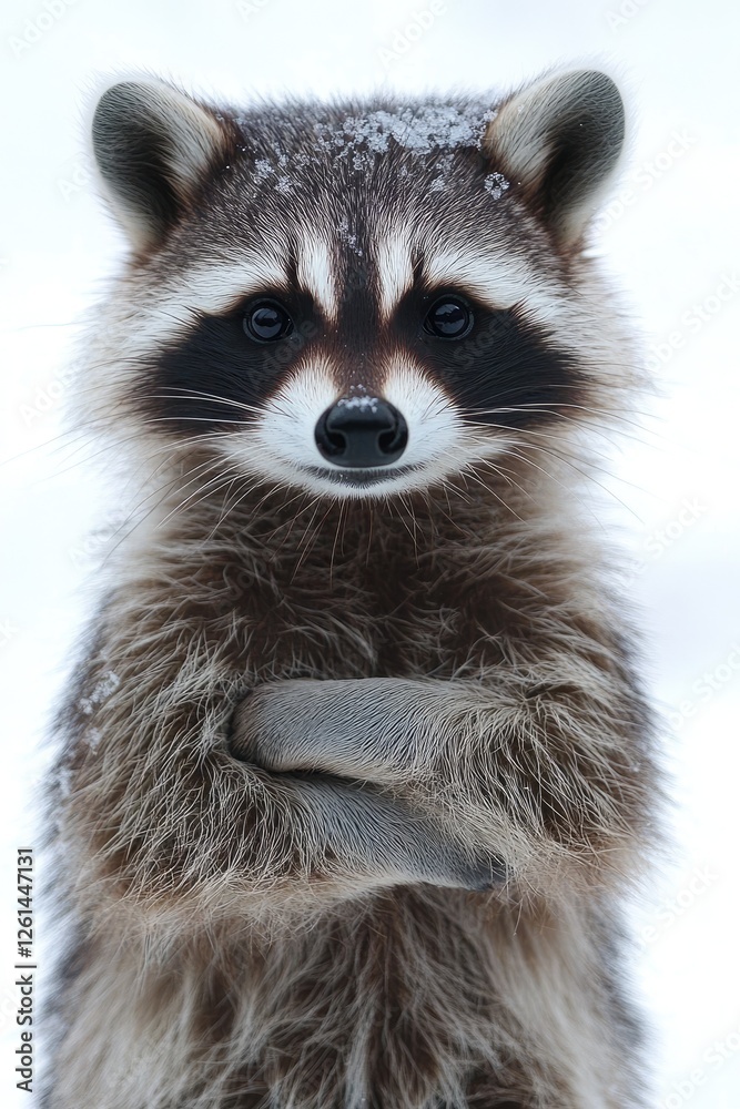 Fototapeta premium A curious raccoon standing in the snow, showcasing its playful demeanor in a winter landscape