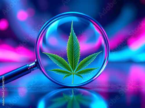 Magnified cannabis leaf under a neon-lit lens, highlighting vibrant green details against a colorful background. photo