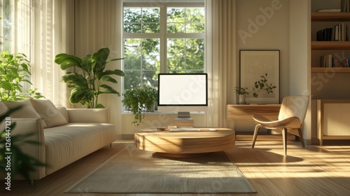 A cozy living room with natural light, plants, and modern furniture.