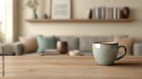 A cozy scene featuring a mug on a wooden table, with a soft living room backdrop.