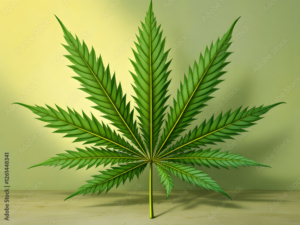 Fototapeta premium Vibrant green cannabis leaf isolated on a light background, showcasing intricate veins and serrated edges.