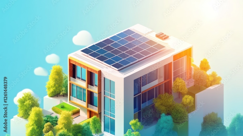Fototapeta premium Eco-Friendly Modern House with Solar Panels and Lush Green Surroundings