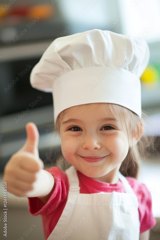 Young chef smiles and gives a thumbs up while wearing a hat in a bright kitchen setting