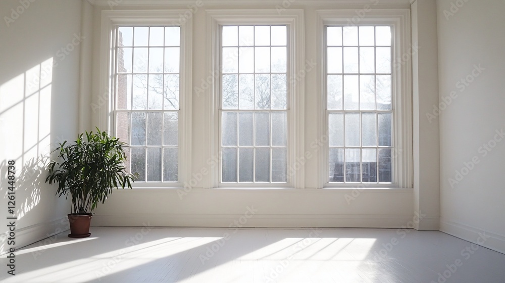 Fototapeta premium Sunlit empty room with three large windows and a potted plant.