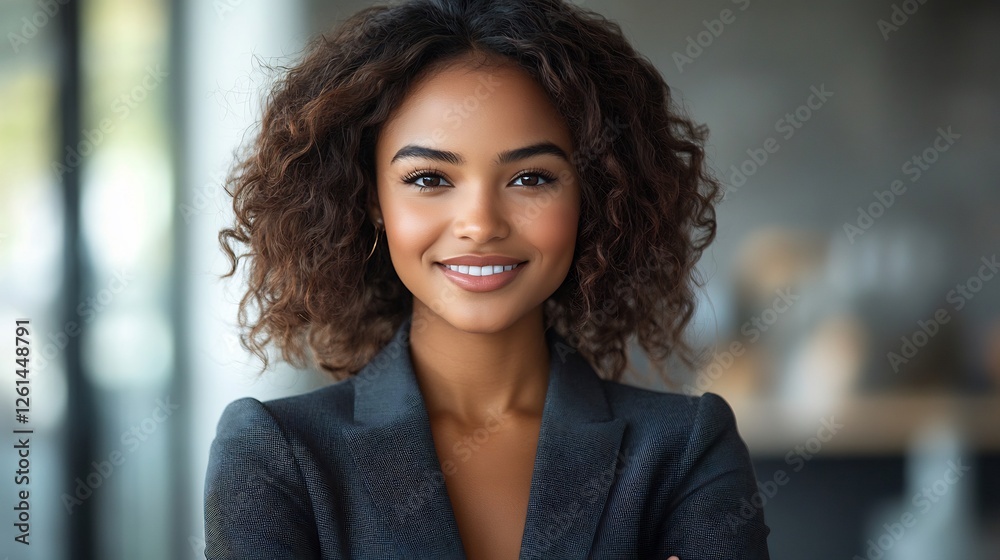 Obraz premium Businesswoman standing confidently while holding a report smiling in a modern suit on a transparent background