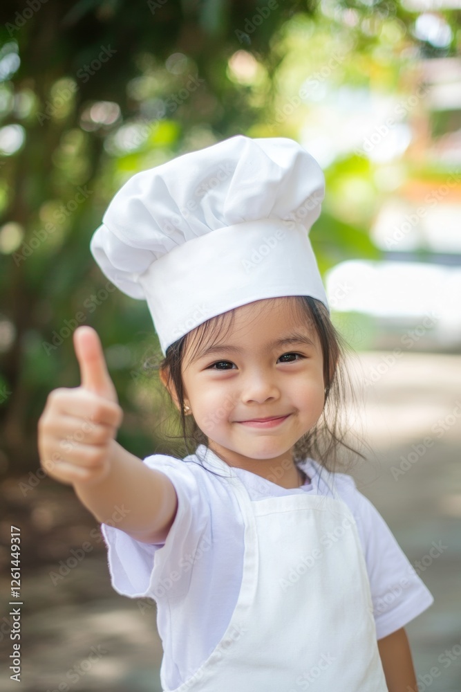 Young chef expresses joy with a thumbs up, wearing a chef's hat and apron outdoors during a sunny day at a culinary event Young chef expresses joy with a thumbs up, wearing a chef's hat and apron outdoors during a sunny day at a culinary event