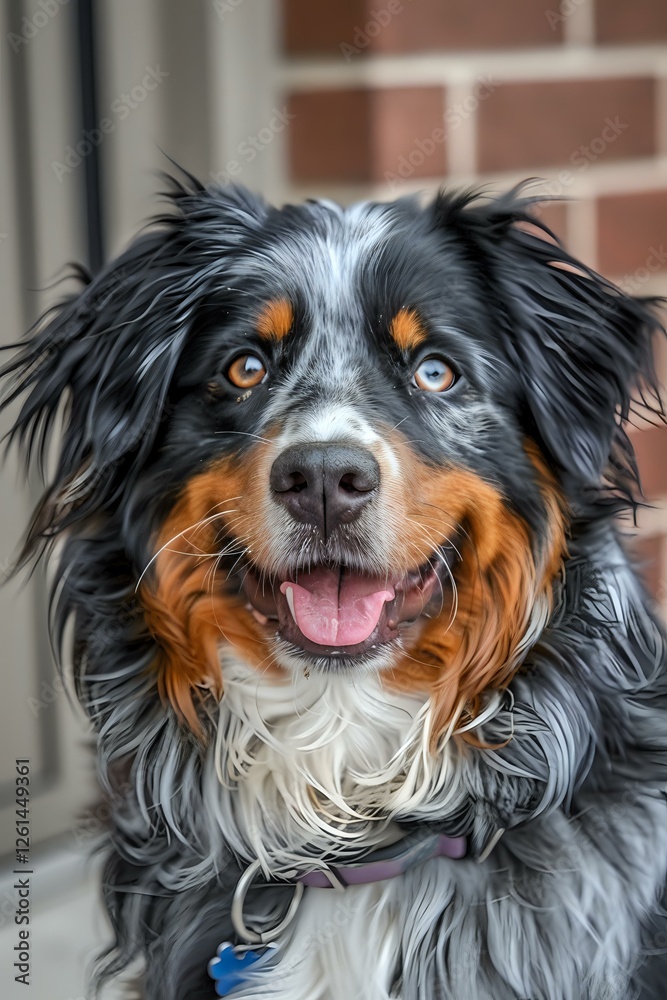 Smiling Australian Shepherd dog with tricolor coat of black, rust and white, close-up portrait showing happy expression and distinctive heterochromia eyes against brick wall. Smiling Australian Shepherd dog with tricolor coat of black, rust and white, close-up portrait showing happy expression and distinctive heterochromia eyes against brick wall.