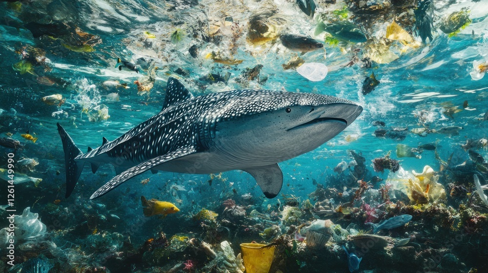 Fototapeta premium Whale shark amidst ocean plastic debris reflecting a disturbing environmental issue
