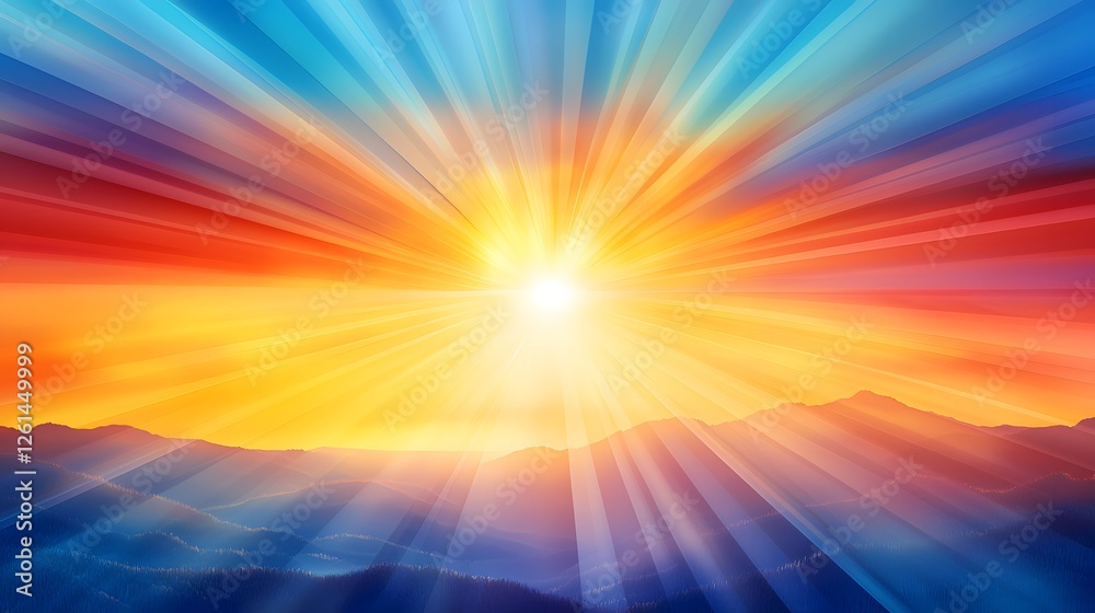 Obraz premium Radiant Sunrise Over Mountains with Vibrant Colorful Rays