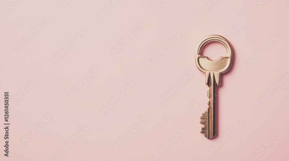 Unique golden key on a soft pink background showcasing simplicity and elegance in design and color choice Unique golden key on a soft pink background showcasing simplicity and elegance in design and color choice
