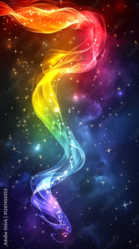 Vibrant abstract rainbow-colored light trail in cosmic space. Background. Vibrant abstract rainbow-colored light trail in cosmic space. Background.