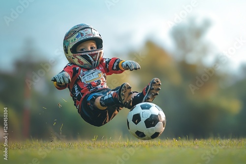 Toddler in motocross gear kicks soccer ball mid-air on grassy field. photo