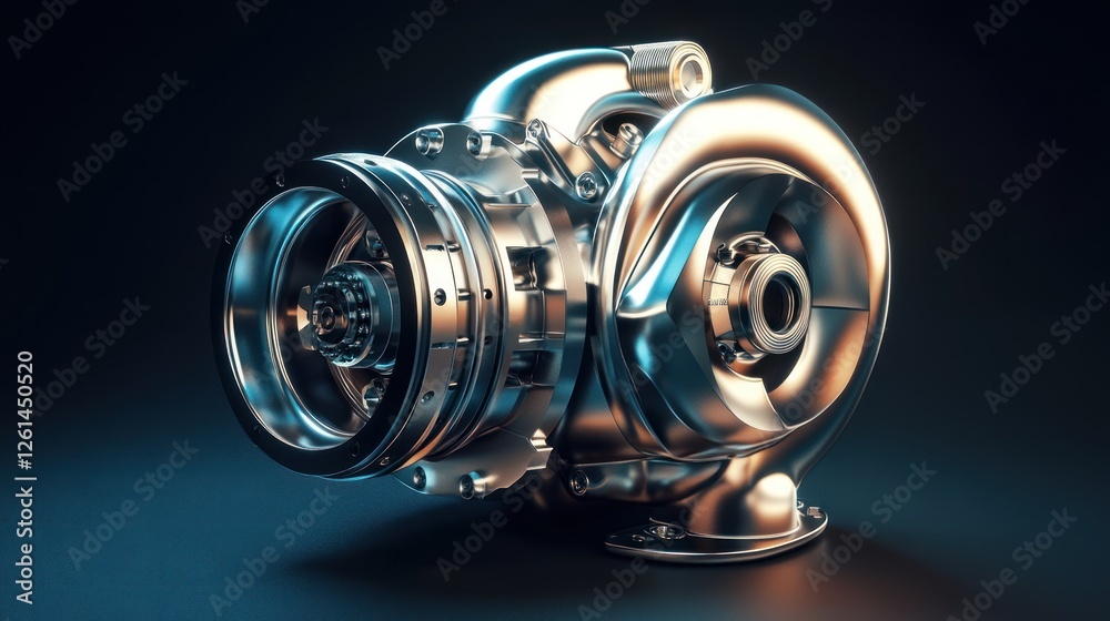 A detailed metallic turbocharger showcasing intricate engineering and design.