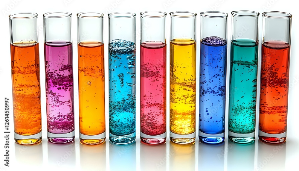 Row of tall glass test tubes filled with vibrant colored liquids showing bubbles and chemical reactions against white background, scientific laboratory concept. Row of tall glass test tubes filled with vibrant colored liquids showing bubbles and chemical reactions against white background, scientific laboratory concept.
