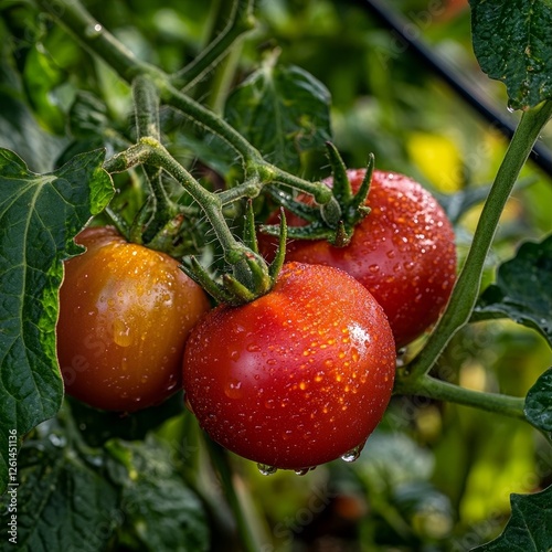 juicy red tomatoes freshly plucked from a garden, with the beads of moisture glistening in the sunlight