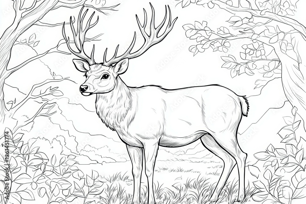 Deer is standing in a forest with its antlers on Deer is standing in a forest with its antlers on