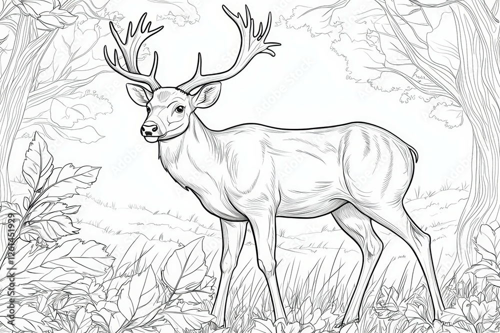 Deer is standing in a forest with its antlers raised Deer is standing in a forest with its antlers raised