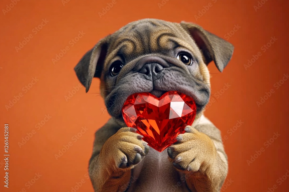 Obraz premium Cute bulldog pooch with diamond red heart - emblem of love, funny greeting card. Bulldog - my treasured dog. Marketing conceptual art. Adorable valentine's dogs. Valentine's puppies photoshoot.