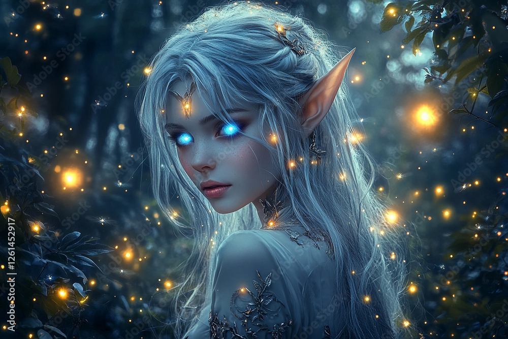 Mystical fairy with glowing eyes in enchanted forest at twilight surrounded by magical lights Mystical fairy with glowing eyes in enchanted forest at twilight surrounded by magical lights