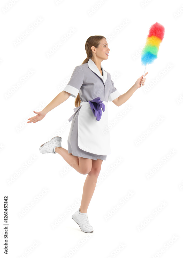 Pretty chambermaid with pp-duster on white background Pretty chambermaid with pp-duster on white background