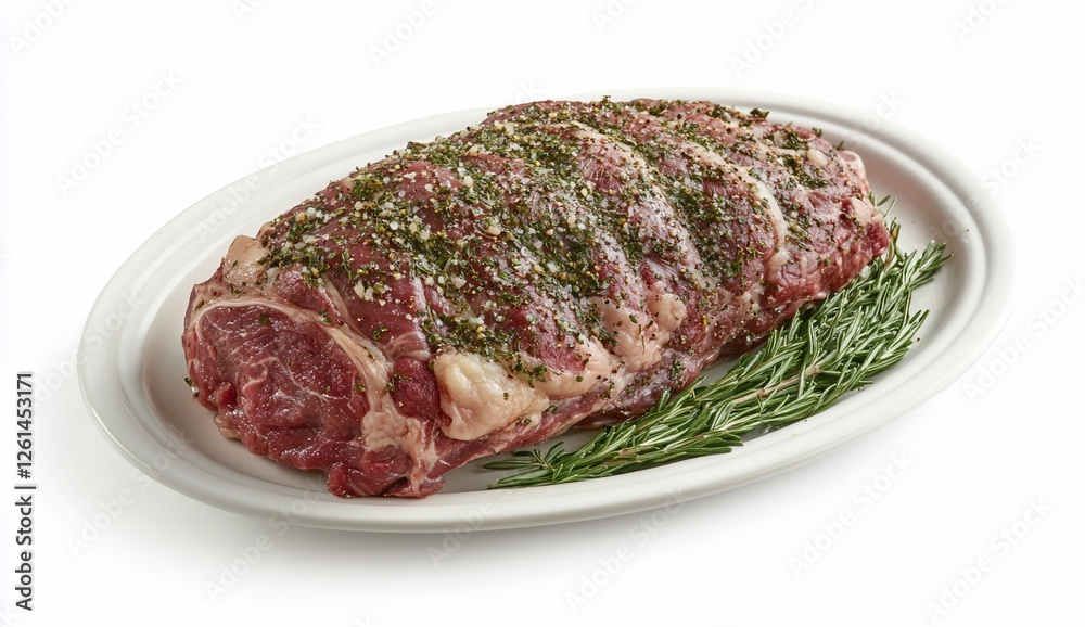 Raw seasoned beef roast on a white platter, garnished with rosemary sprigs. Raw seasoned beef roast on a white platter, garnished with rosemary sprigs.