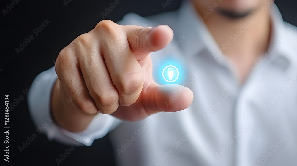 Hand Reaching Out to Touch Virtual Button in Dark Background Hand Reaching Out to Touch Virtual Button in Dark Background