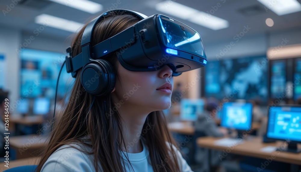 Immersive VR Experience Young Woman Using Headset in Modern Tech Environment