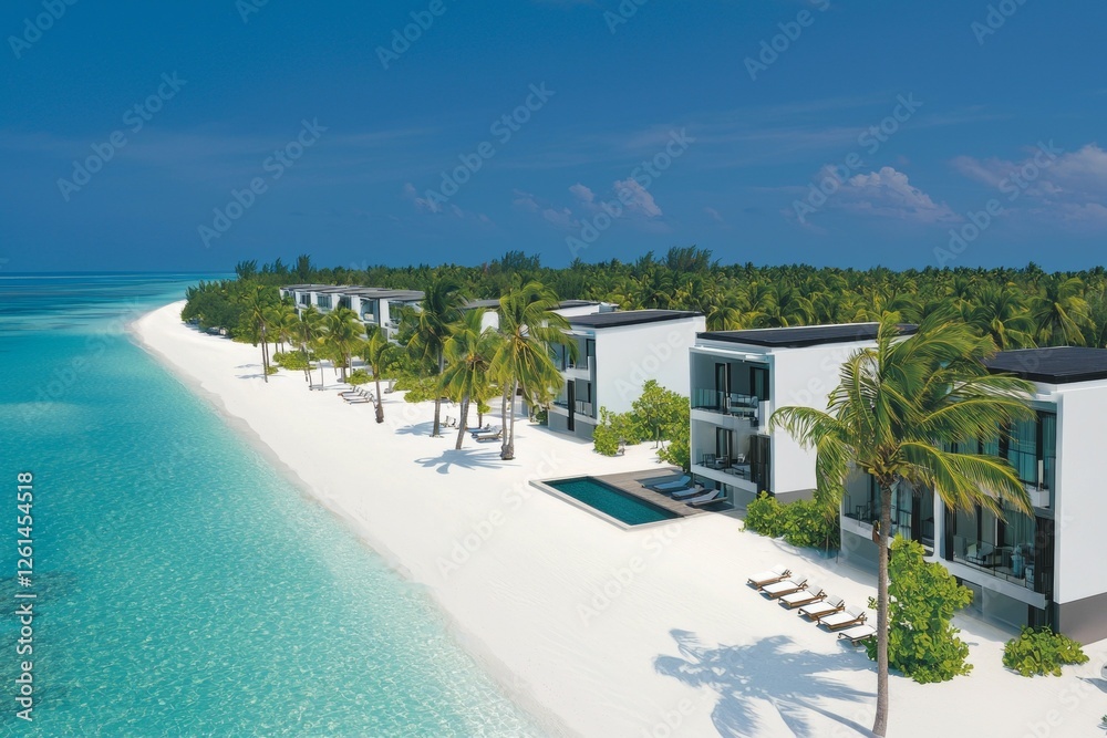 Obraz premium Beach with a row of white houses and a pool