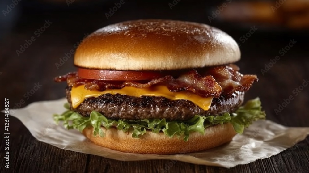 Juicy cheeseburger with bacon, lettuce, and tomato on a sesame bun. Juicy cheeseburger with bacon, lettuce, and tomato on a sesame bun.