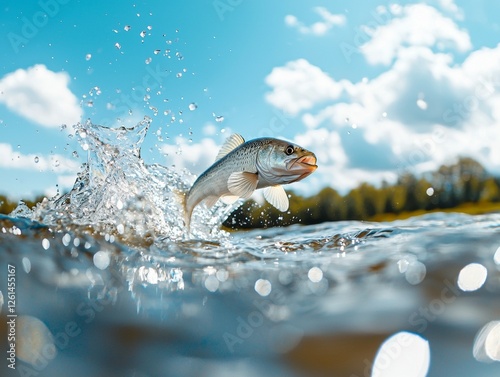 Lively fish leaping from water against blue sky and clouds