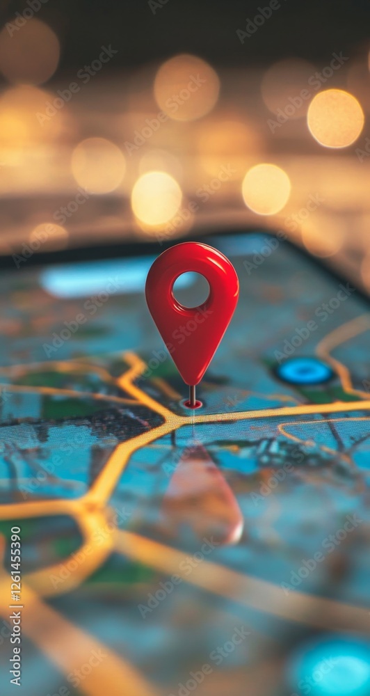 GPS map location pin on mobile device with bokeh lights GPS map location pin on mobile device with bokeh lights