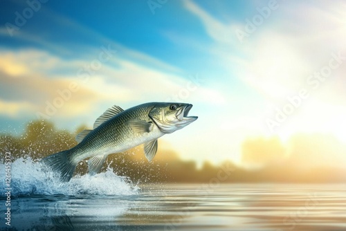 Largemouth bass jumping out of water at sunrise capturing nature's energy