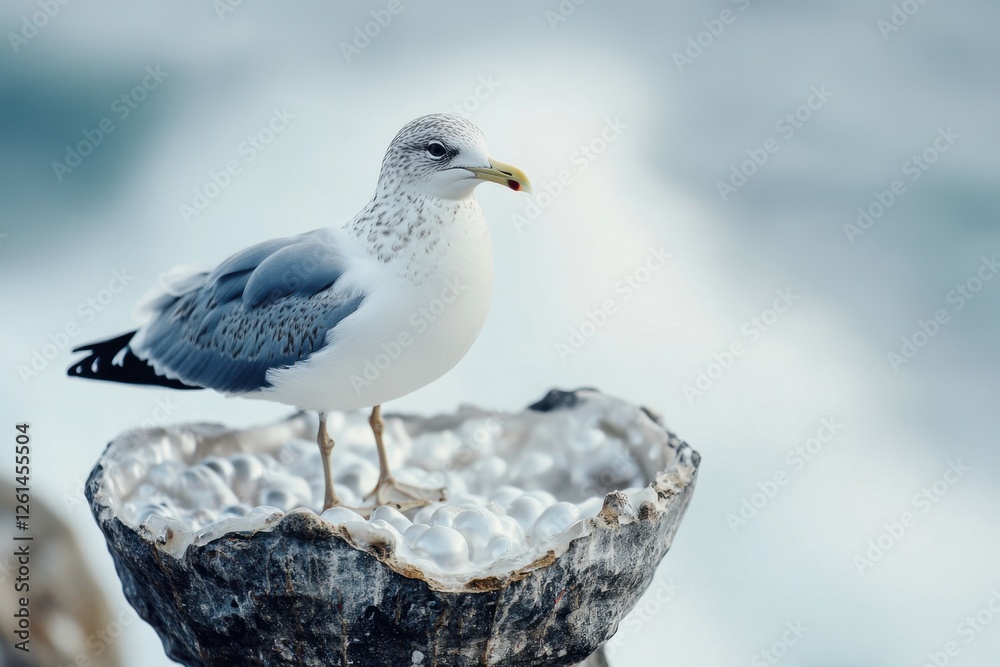 Ring billed gull stands on top of a geode Ring billed gull stands on top of a geode