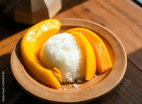 an image of a bowl of rice and mango slices on a table, there is a bowl of rice and mango slices on a table photo