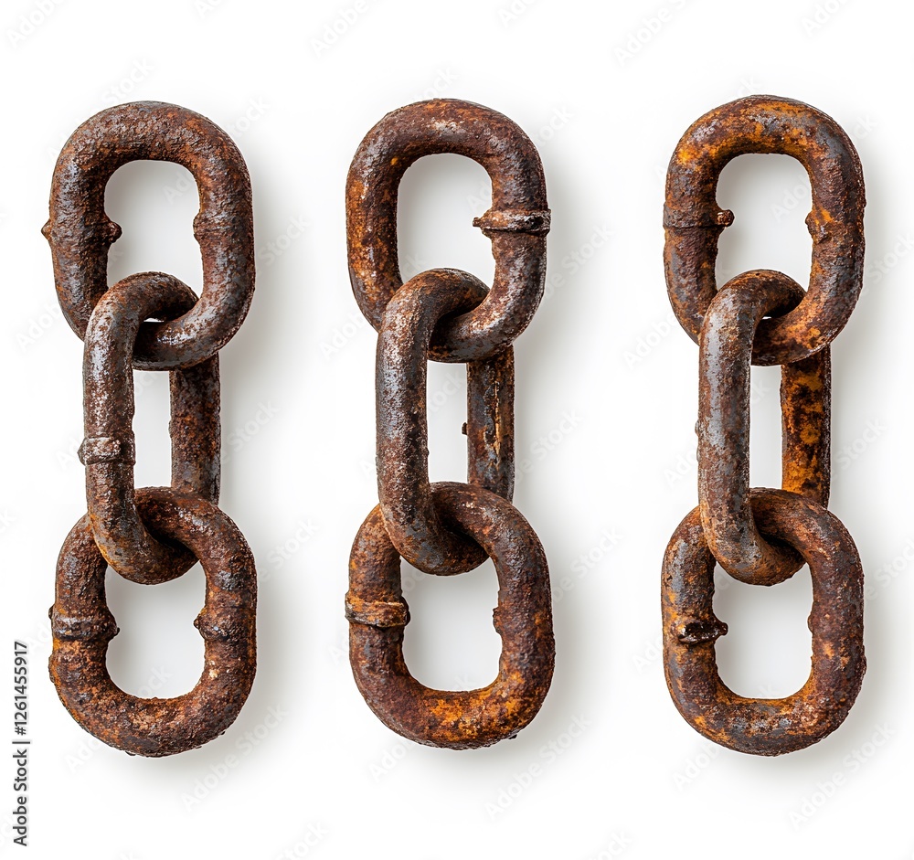 Three Rusty Chains Linked Together Against White Background Three Rusty Chains Linked Together Against White Background