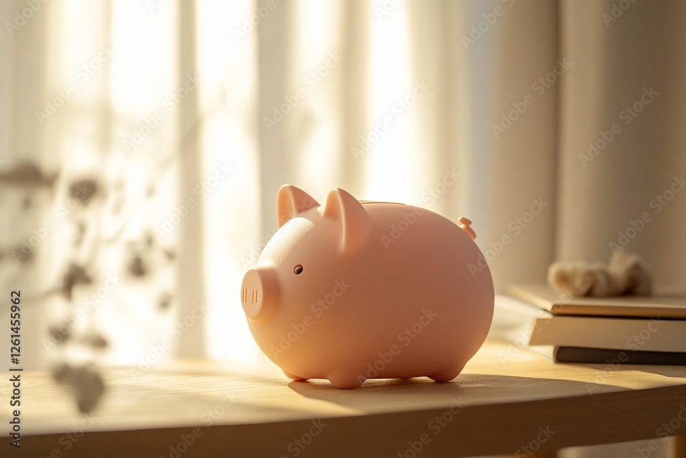 Pink piggy bank on wooden table in sunlit room. Pink piggy bank on wooden table in sunlit room.