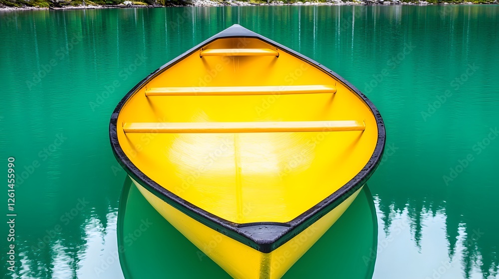 Bright Yellow Canoe on Calm Aquamarine Lake Surrounded by Forests