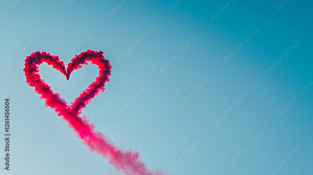 Fototapeta premium A clear blue sky with a red smoke trail in the shape of a heart