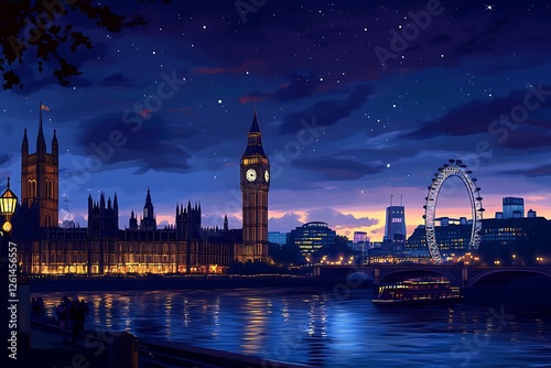 A night view of London featuring iconic landmarks illuminated against a starry sky.
