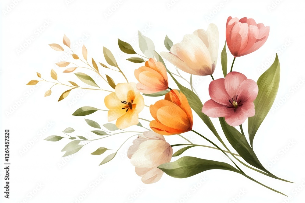 Vibrant floral bouquet with tulips and leaves in pastel colors Vibrant floral bouquet with tulips and leaves in pastel colors
