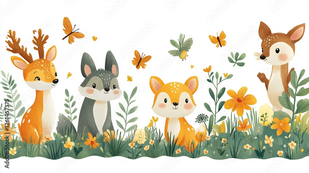 Naklejka premium Charming vector illustration of a forest with various animals suitable for children's books and nature themes