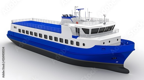 Detailed View of Blue and White Ferry Boat on a White Background
