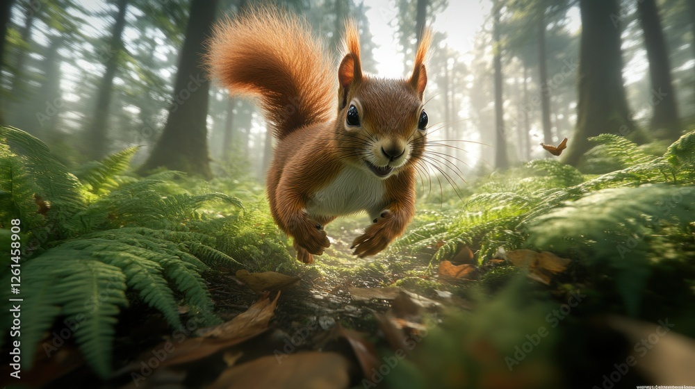 Fototapeta premium Playful Red Squirrel Running Through Forest Path