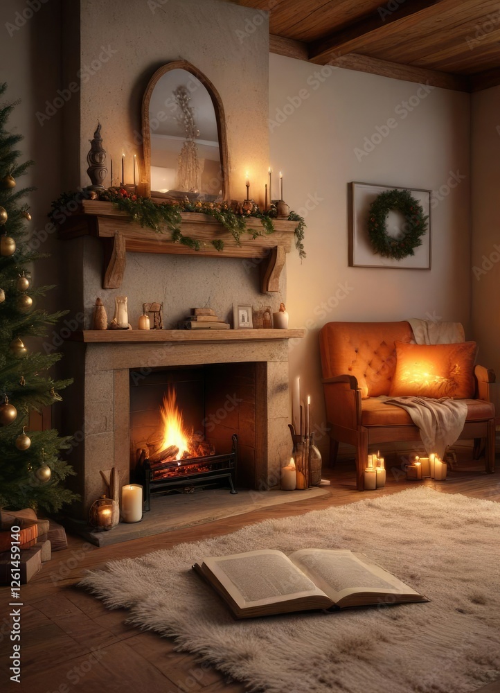 Cozy reading nook by the fireplace on Christmas Eve with a warm and inviting glow, cozy atmosphere, crackling flames, peaceful scene Cozy reading nook by the fireplace on Christmas Eve with a warm and inviting glow, cozy atmosphere, crackling flames, peaceful scene