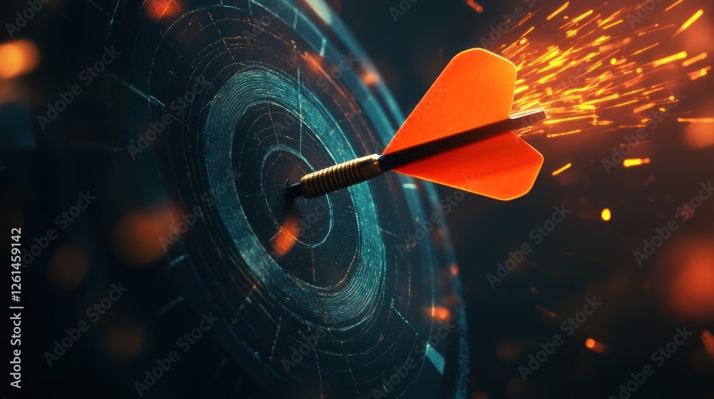 Achieving Success: Dart Striking Bullseye on Futuristic Target Achieving Success: Dart Striking Bullseye on Futuristic Target