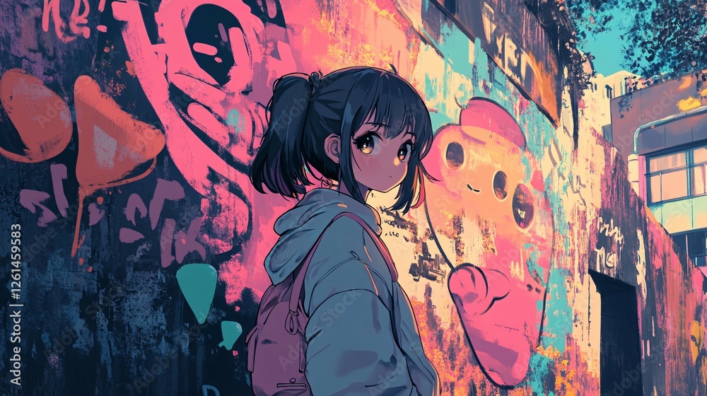 Fototapeta premium Anime Girl Standing Near Vibrant Graffiti Art
