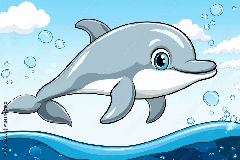 Obraz premium Cartoon dolphin is swimming in the ocean