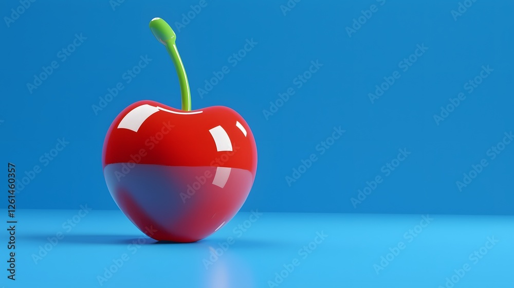 Obraz premium Bright Red Cherry with Green Stem on Vibrant Blue Background